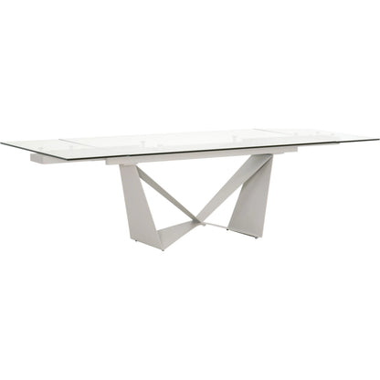 Vida Dining Table by Essentials For Living in matte light gray, clear glass. Made from painted a3 steel, tempered glass in a modern style.