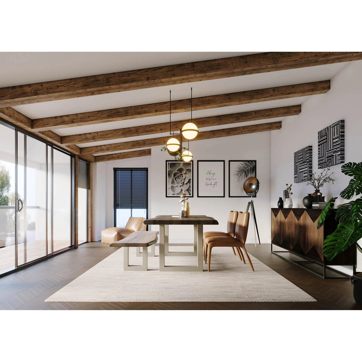 005 SI-2533525 | Lifestyle | Taj Dining Bench by LH Imports in brown and vinegar, acrylic matte, silver, powder coated. Made from acacia in a unique style.