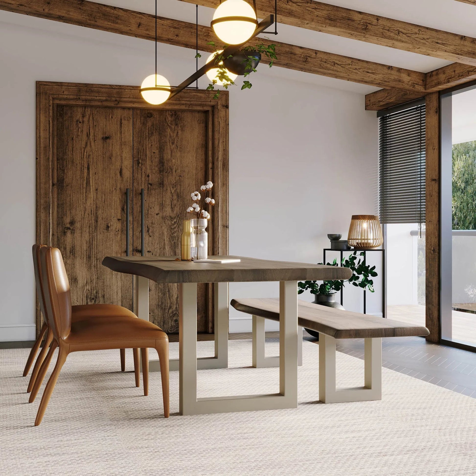 Taj Dining Bench by LH Imports in brown and vinegar, acrylic matte, silver, powder coated. Made from acacia in a unique style.