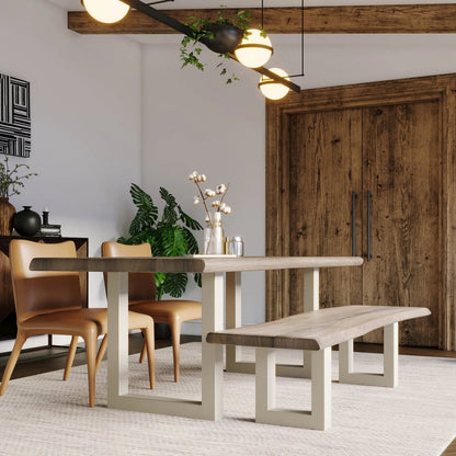 Taj Dining Bench by LH Imports in brown and vinegar, acrylic matte, silver, powder coated. Made from acacia in a unique style.