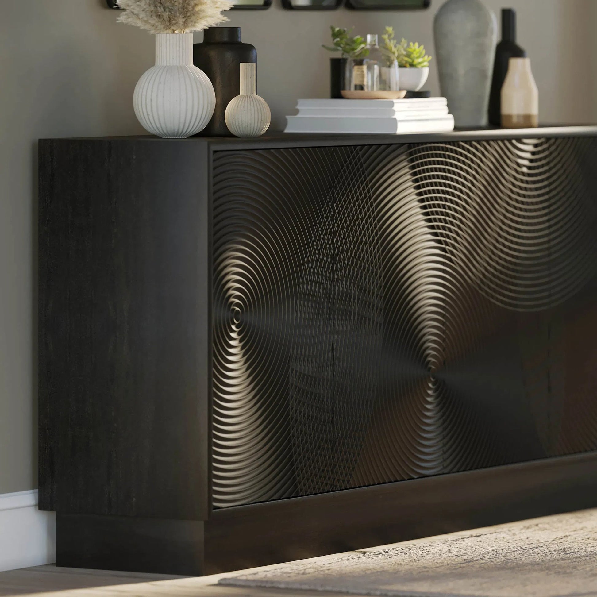 Spiral Sideboard by LH Imports in black. Made from mango hardwood, mdf in a modern style.
