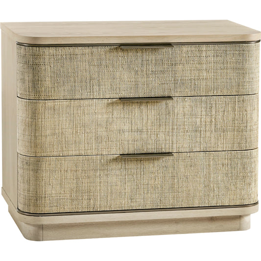 Water Seiche Woven Night Stand by Jonathan Charles in bleached oak. Made from oak, grass cloth, brass in a unique style.