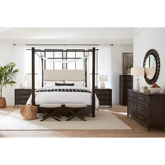 Retreat Pole Rattan Upholstered Poster Bed by Hooker Furniture in neo cream. Made from oak veneers, fabric, rope in a cottage & farmhouse style.