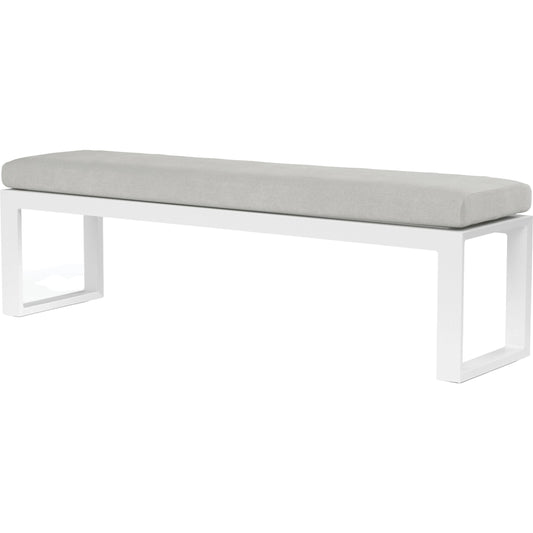 Newport Outdoor Dining Bench by Sunset West in frost. Made from aluminum in a modern style.