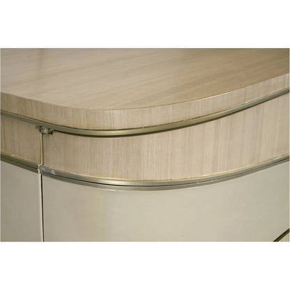 Water Breaker Mixed Media Credenza by Jonathan Charles in beige and ash blonde. Made from dyed koto veneer, bone, leather, metal in a transitional style.