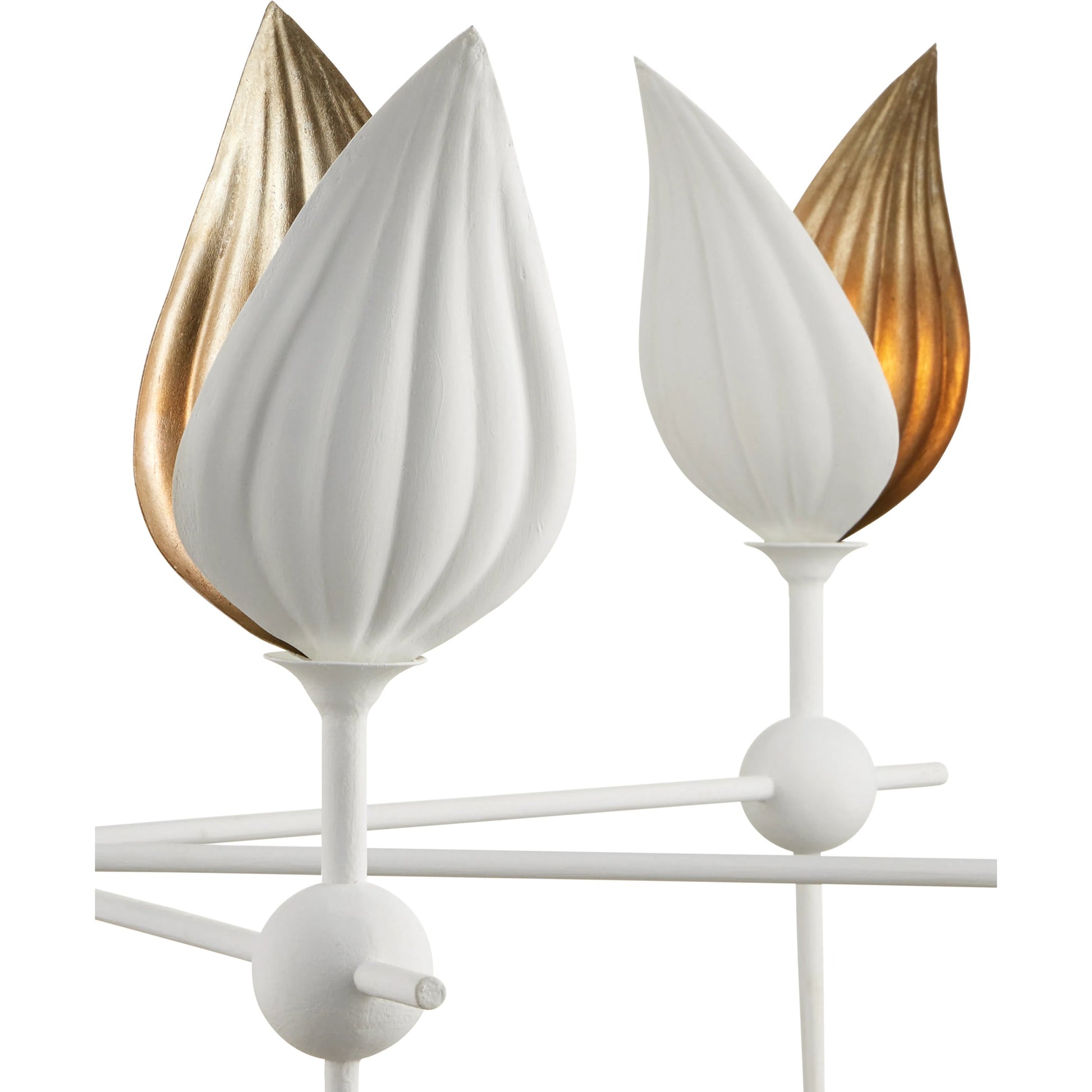 Peace Lily Chandelier by Currey and Company in gesso white, silver leaf. Made from wrought iron in a cottage & farmhouse style.