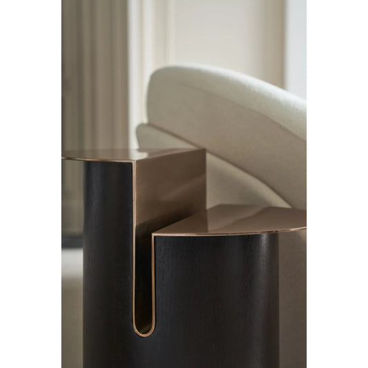 Discord Side Table by Caracole in modern walnut, lucent bronze metallic. Made from poplar, metal, quartered walnut in a unique style.