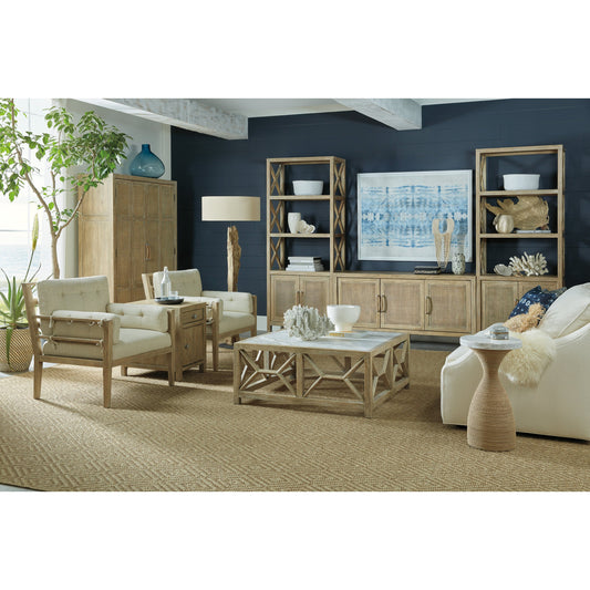 Surfrider Entertainment Pier by Hooker Furniture in driftwood. Made from pecan veneers, rattan in a coastal style.