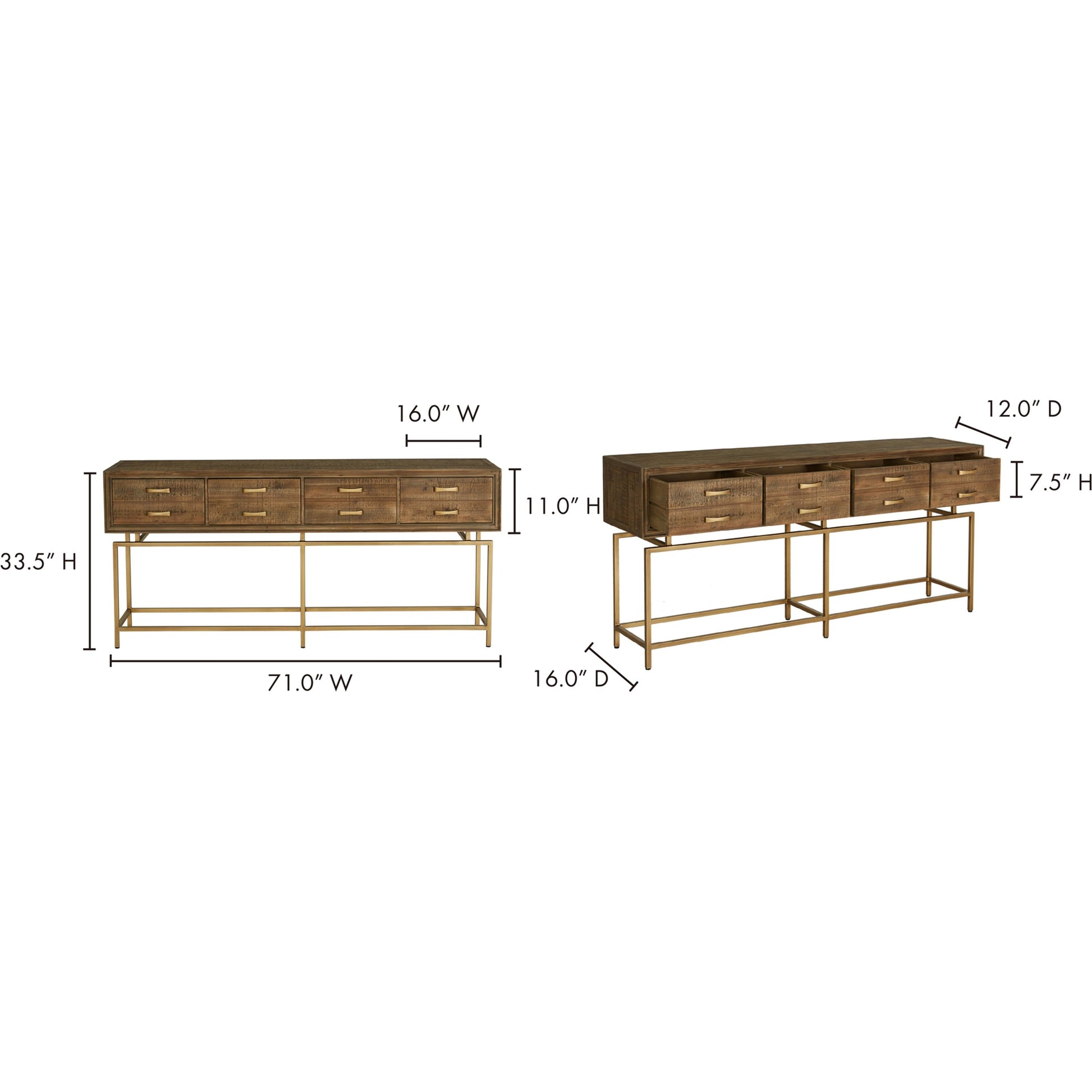 Aristocrat Console Table by Moe's Home Collection in natural and honey brown. Made from reclaimed fir wood, metal in a modern style.