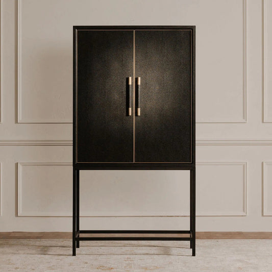 Mako Bar Cabinet by Moe's Home Collection in black. Made from solid oak in frame, pu leather, metal leg, tempered glass in a unique style.