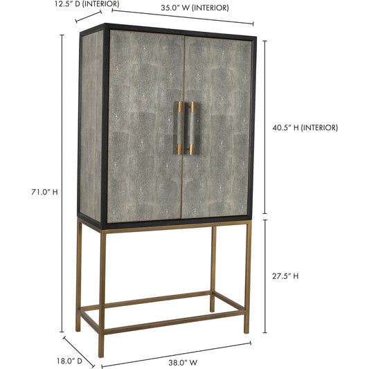 Mako Bar Cabinet by Moe's Home Collection in gray and matt lacquer: no stain. Made from solid black oak frame, brass legs, plywood, oak veneer in a modern style.
