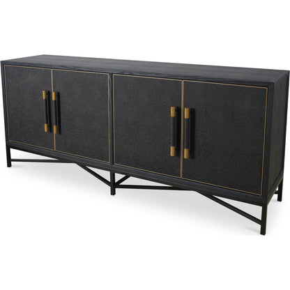 Mako Sideboard by Moe's Home Collection. Made from shagreen patterned polyurethane, solid black oak frame, brass legs, plywood on door, side panel, top panel back panel in a modern style.