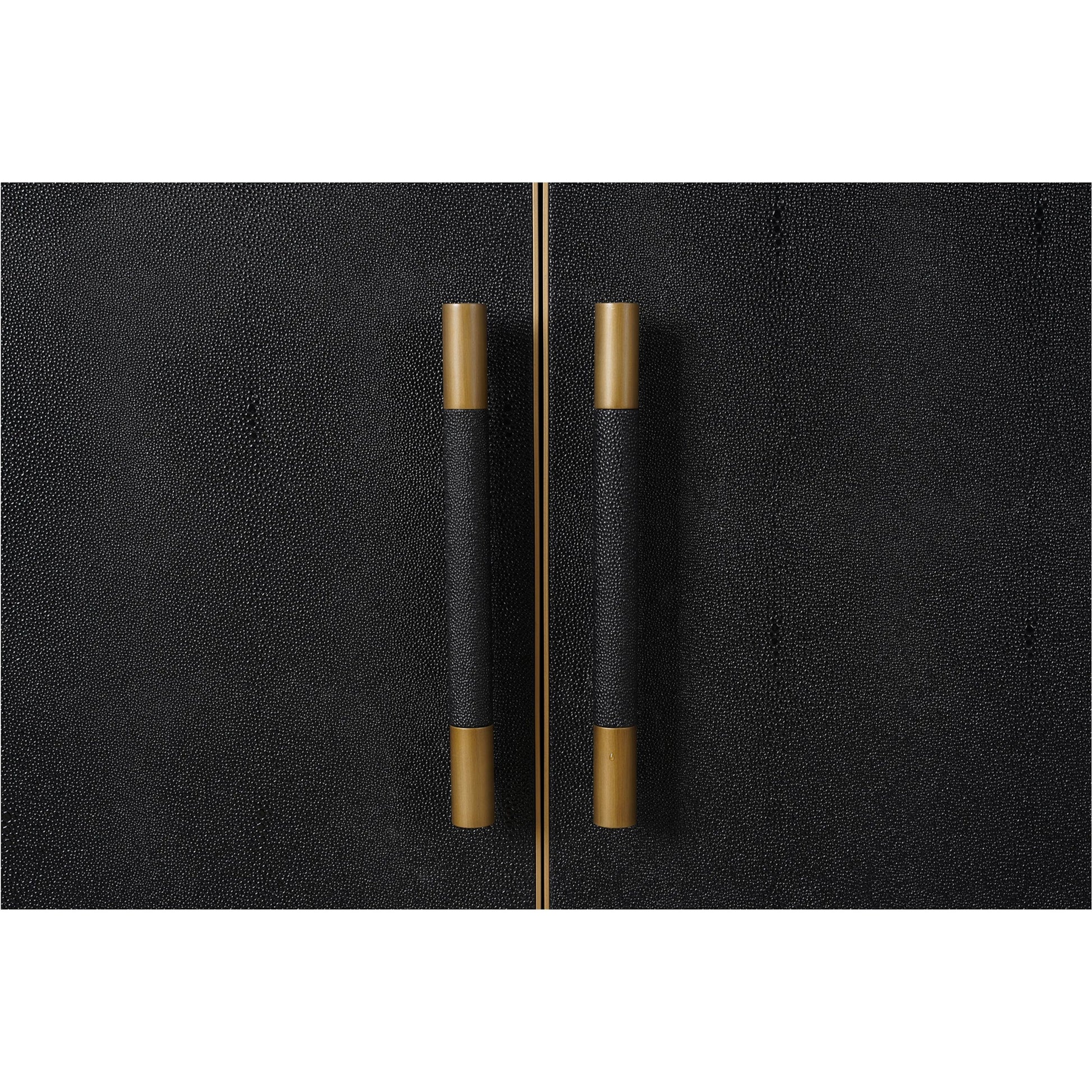 Mako Sideboard by Moe's Home Collection. Made from shagreen patterned polyurethane, solid black oak frame, brass legs, plywood on door, side panel, top panel back panel in a modern style.