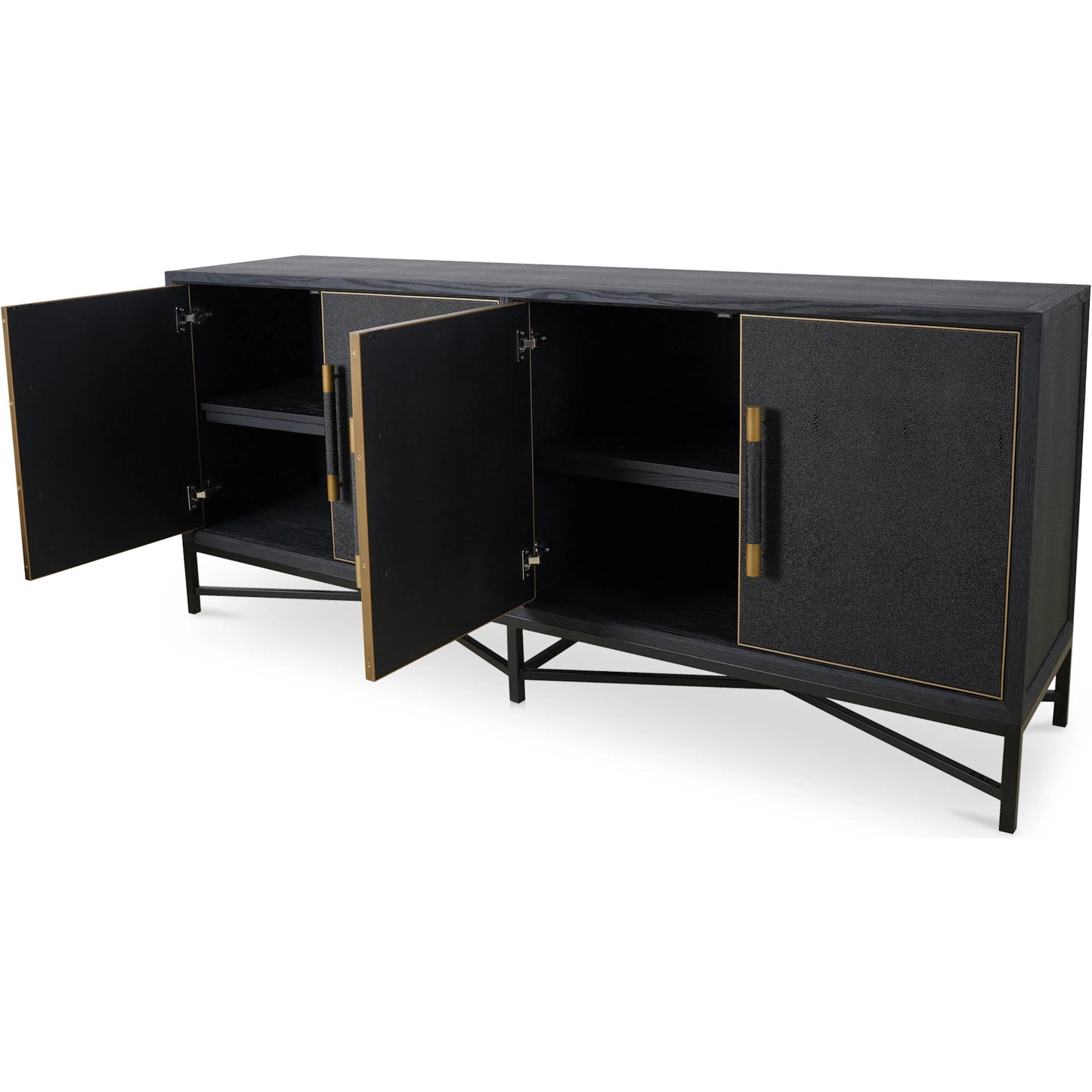 004 SI-2253857 | Additional Silo | Mako Sideboard by Moe's Home Collection. Made from shagreen patterned polyurethane, solid black oak frame, brass legs, plywood on door, side panel, top panel back panel in a modern style.