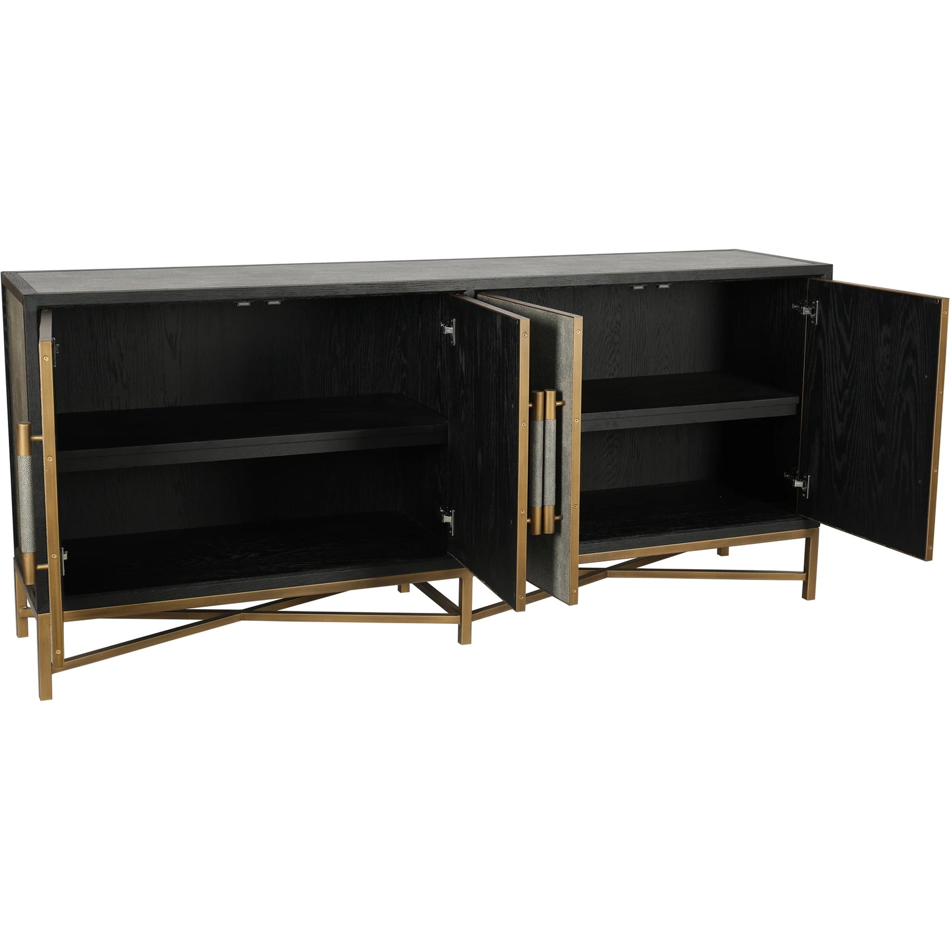 Mako Sideboard by Moe's Home Collection. Made from shagreen patterned polyurethane, solid black oak frame, brass legs, plywood on door, side panel, top panel back panel in a modern style.