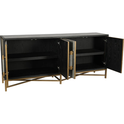 Mako Sideboard by Moe's Home Collection. Made from shagreen patterned polyurethane, solid black oak frame, brass legs, plywood on door, side panel, top panel back panel in a modern style.