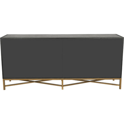 Mako Sideboard by Moe's Home Collection. Made from shagreen patterned polyurethane, solid black oak frame, brass legs, plywood on door, side panel, top panel back panel in a modern style.