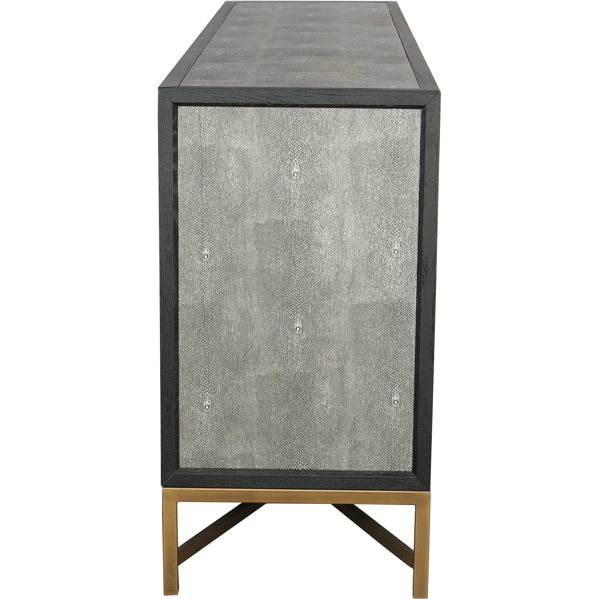 Mako Sideboard by Moe's Home Collection. Made from shagreen patterned polyurethane, solid black oak frame, brass legs, plywood on door, side panel, top panel back panel in a modern style.