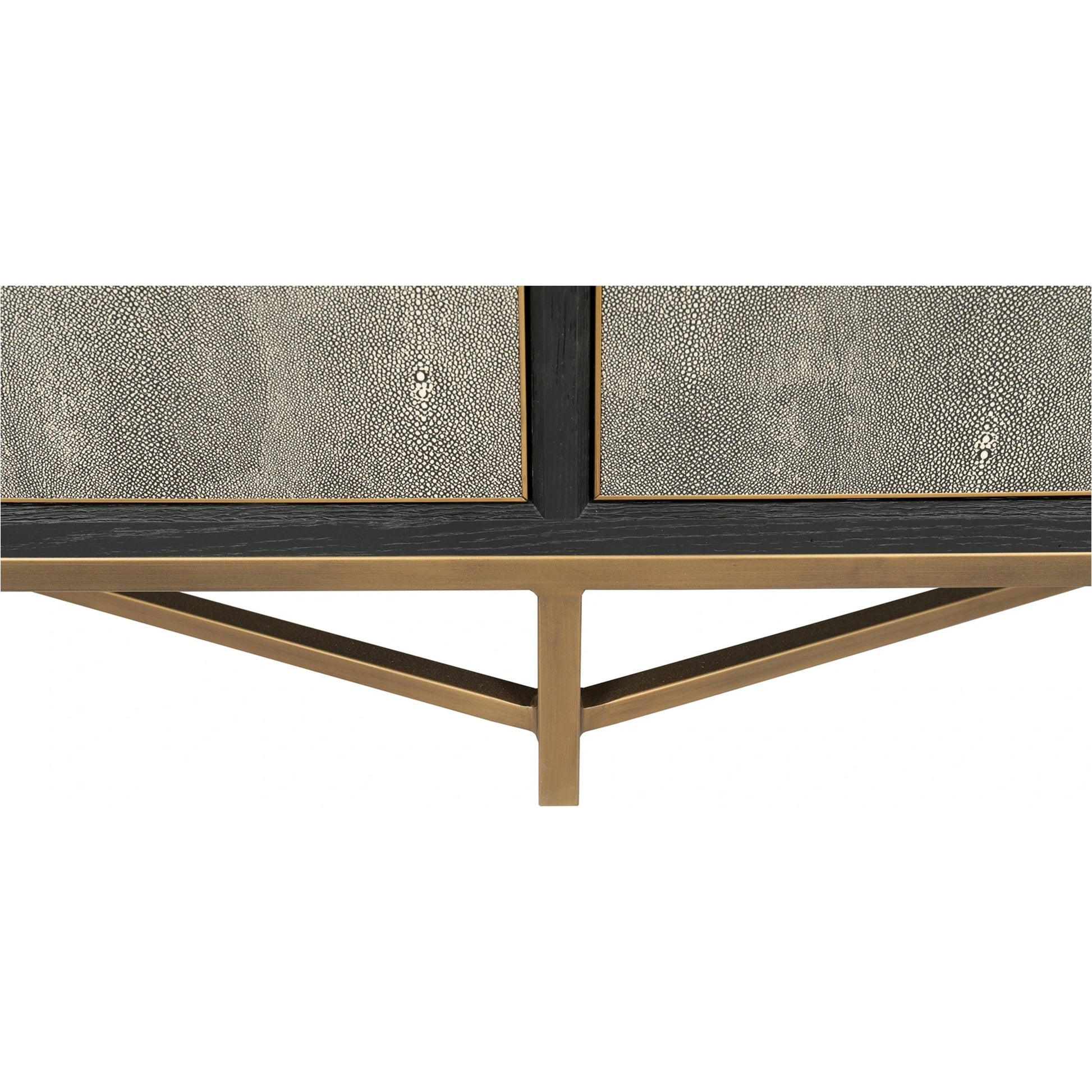 Mako Sideboard by Moe's Home Collection. Made from shagreen patterned polyurethane, solid black oak frame, brass legs, plywood on door, side panel, top panel back panel in a modern style.