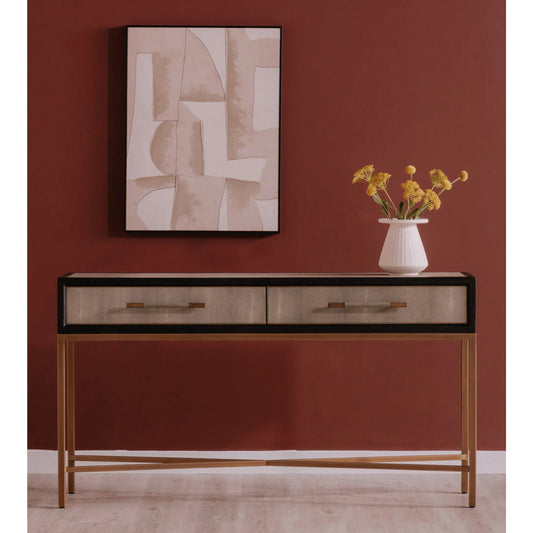 Mako Console Table by Moe's Home Collection in gray. Made from solid black oak frame, brass legs, plywood, oak veneer in a modern style.