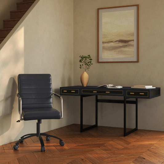 Mako Desk by Moe's Home Collection in black and black. Made from solid oak in frame, pu leather, metal leg in a unique style.