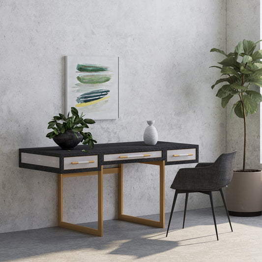 Mako Desk by Moe's Home Collection in gray. Made from shagreen patterned polyurethane, solid black oak frame, oak veneer, plywood in a modern style.