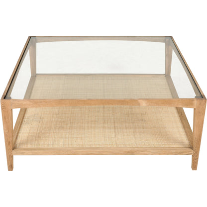 Harrington Coffee Table by Moe's Home Collection in natural. Made from solid oak frame, tempered glass top, natural cane shelf in a cottage & farmhouse style.