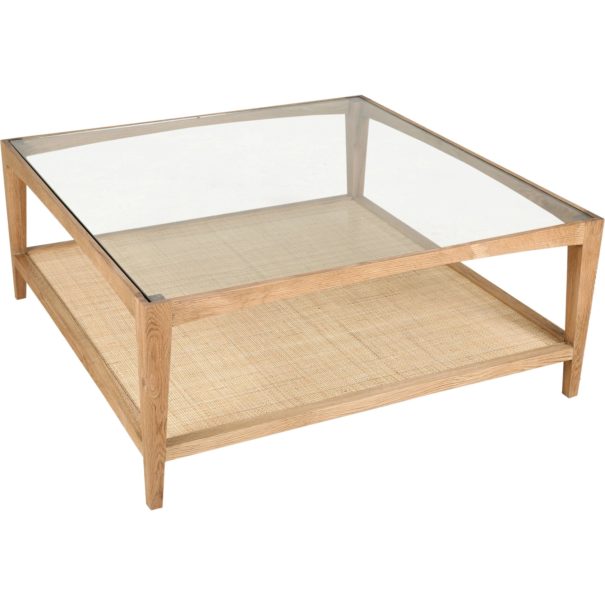 Harrington Coffee Table by Moe's Home Collection in natural. Made from solid oak frame, tempered glass top, natural cane shelf in a cottage & farmhouse style.