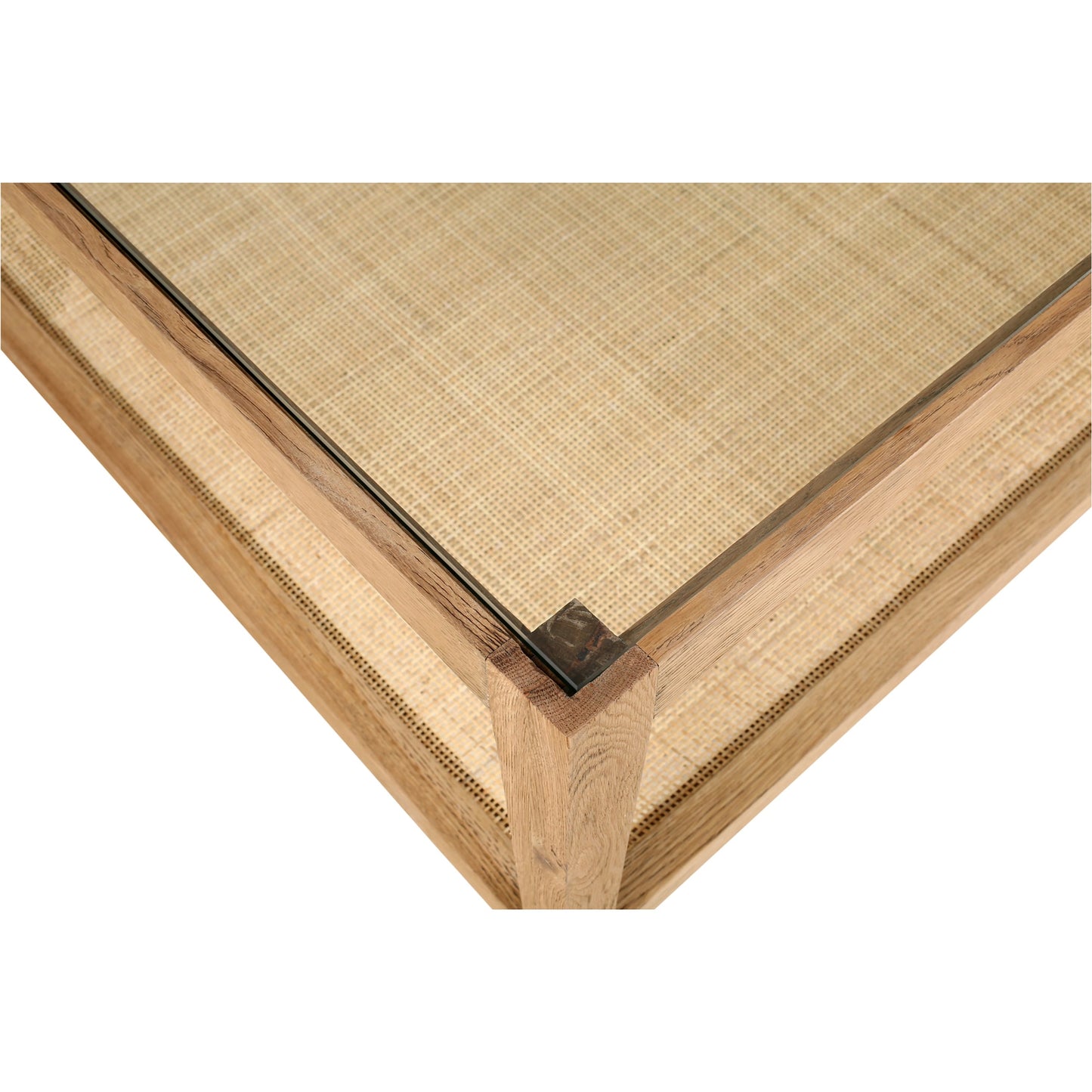 004 SI-2121931 | Closeup | Harrington Coffee Table by Moe's Home Collection in natural. Made from solid oak frame, tempered glass top, natural cane shelf in a cottage & farmhouse style.