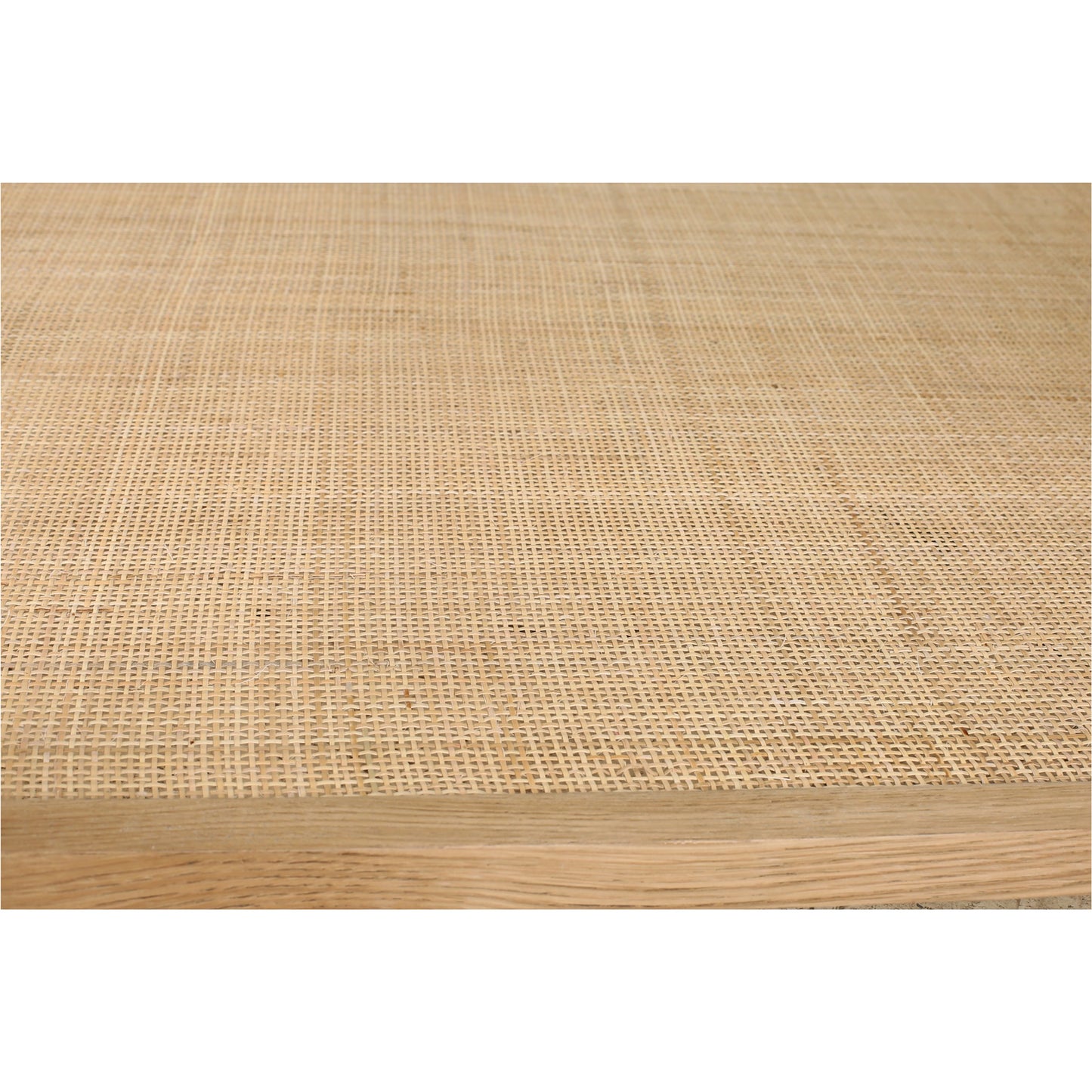 005 SI-2121931 | Closeup | Harrington Coffee Table by Moe's Home Collection in natural. Made from solid oak frame, tempered glass top, natural cane shelf in a cottage & farmhouse style.