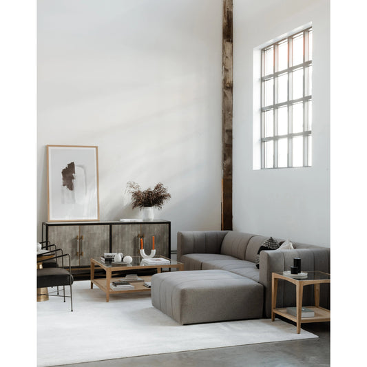 Harrington Coffee Table by Moe's Home Collection in natural. Made from solid oak frame, tempered glass top, natural cane shelf in a cottage & farmhouse style.