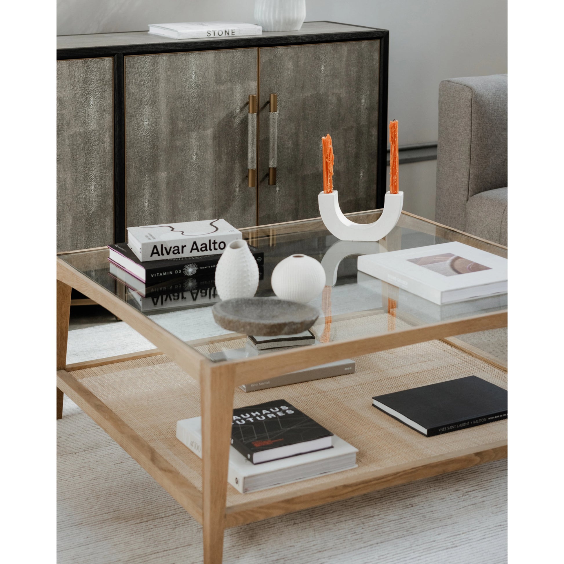 Harrington Coffee Table by Moe's Home Collection in natural. Made from solid oak frame, tempered glass top, natural cane shelf in a cottage & farmhouse style.