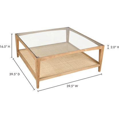 Harrington Coffee Table by Moe's Home Collection in natural. Made from solid oak frame, tempered glass top, natural cane shelf in a cottage & farmhouse style.