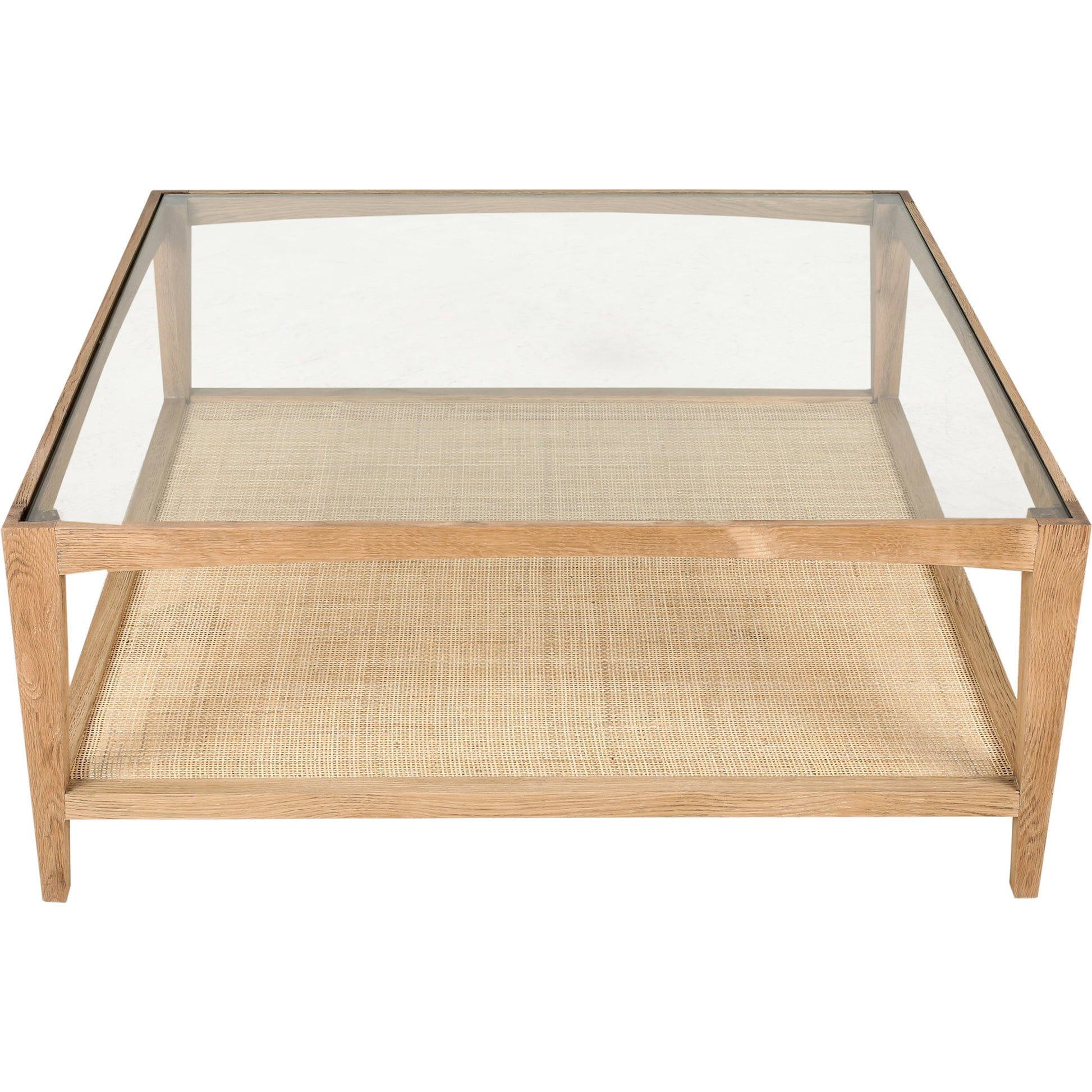 Harrington Coffee Table by Moe's Home Collection in natural. Made from solid oak frame, tempered glass top, natural cane shelf in a cottage & farmhouse style.