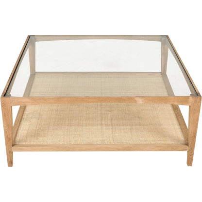 Harrington Coffee Table by Moe's Home Collection in natural. Made from solid oak frame, tempered glass top, natural cane shelf in a cottage & farmhouse style.