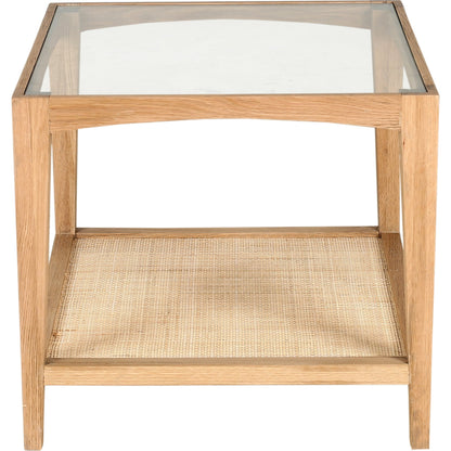 Harrington Side Table by Moe's Home Collection in natural. Made from solid oak frame, tempered glass top, natural antique shelf in a coastal style.