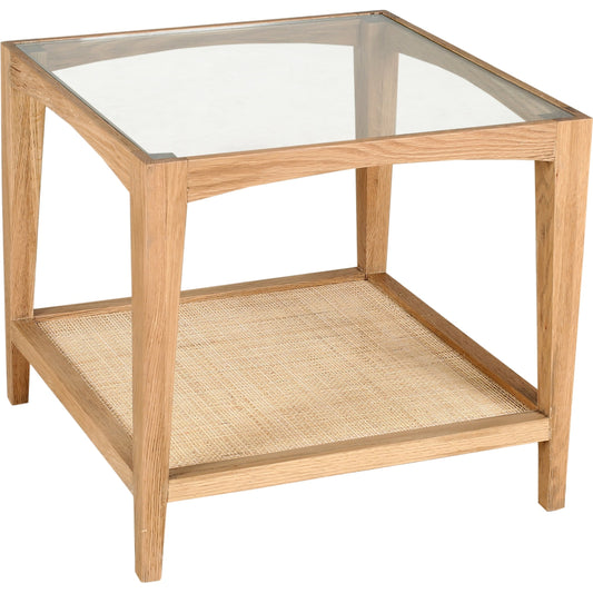 Harrington Side Table by Moe's Home Collection in natural. Made from solid oak frame, tempered glass top, natural antique shelf in a coastal style.