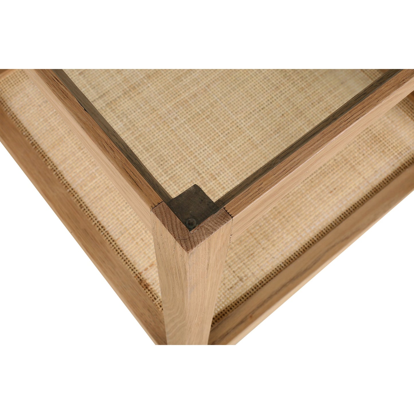 005 SI-1771700 | Closeup | Harrington Side Table by Moe's Home Collection in natural. Made from solid oak frame, tempered glass top, natural antique shelf in a coastal style.