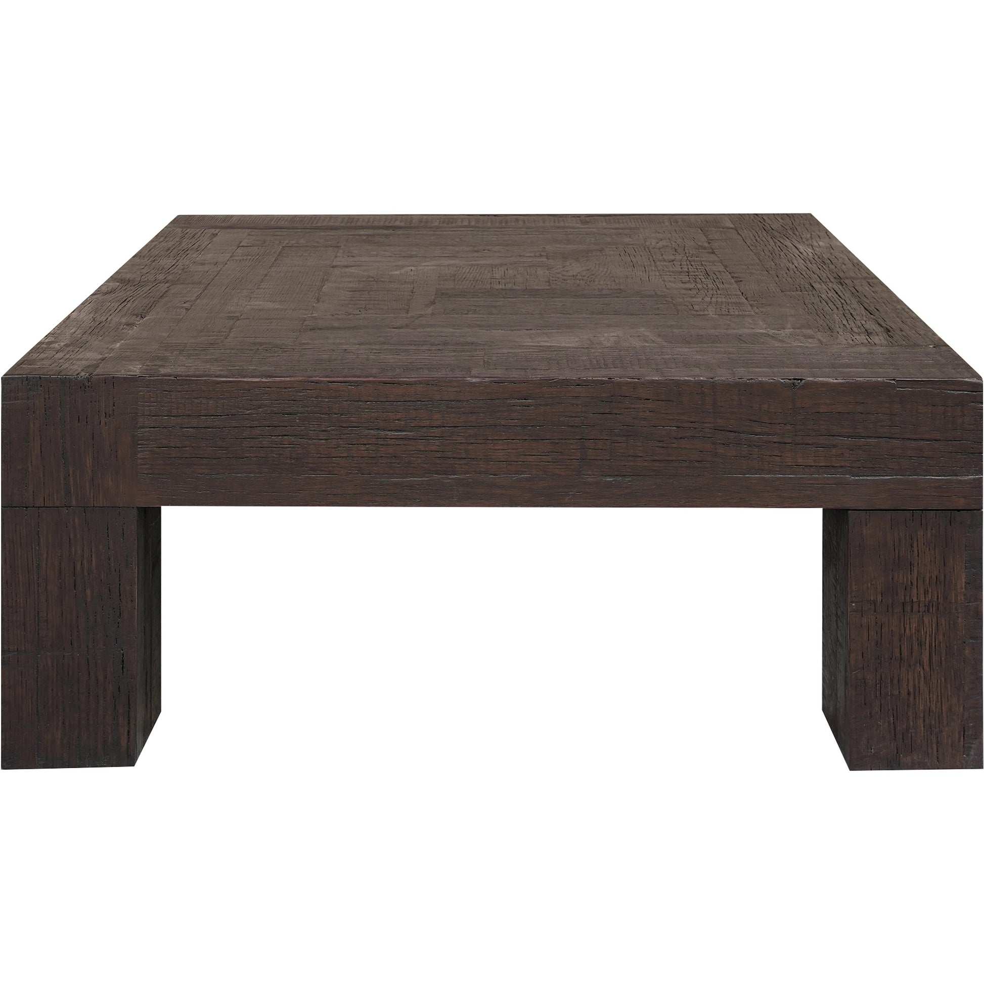 Evander Square Coffee Table by Moe's Home Collection in rustic brown. Made from solid reclaimed oak, plywood support in a modern style.