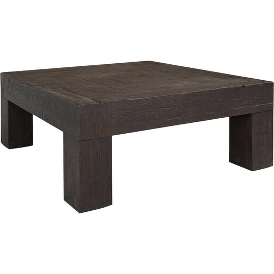 Evander Coffee Table by Moe's Home Collection in rustic brown. Made from solid reclaimed oak, plywood support in a modern style.