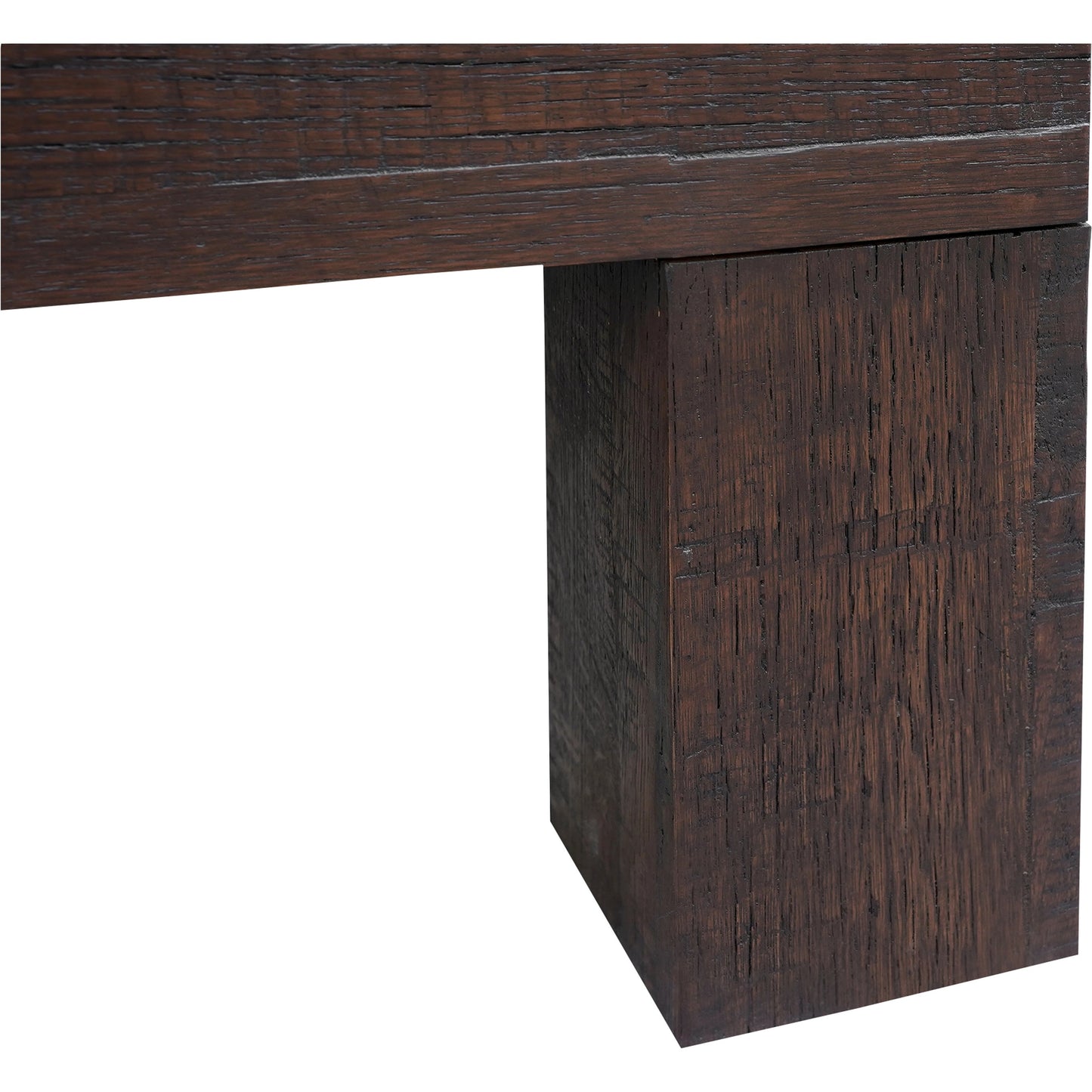 005 SI-1985217 | Closeup | Evander Square Coffee Table by Moe's Home Collection in rustic brown. Made from solid reclaimed oak, plywood support in a modern style.
