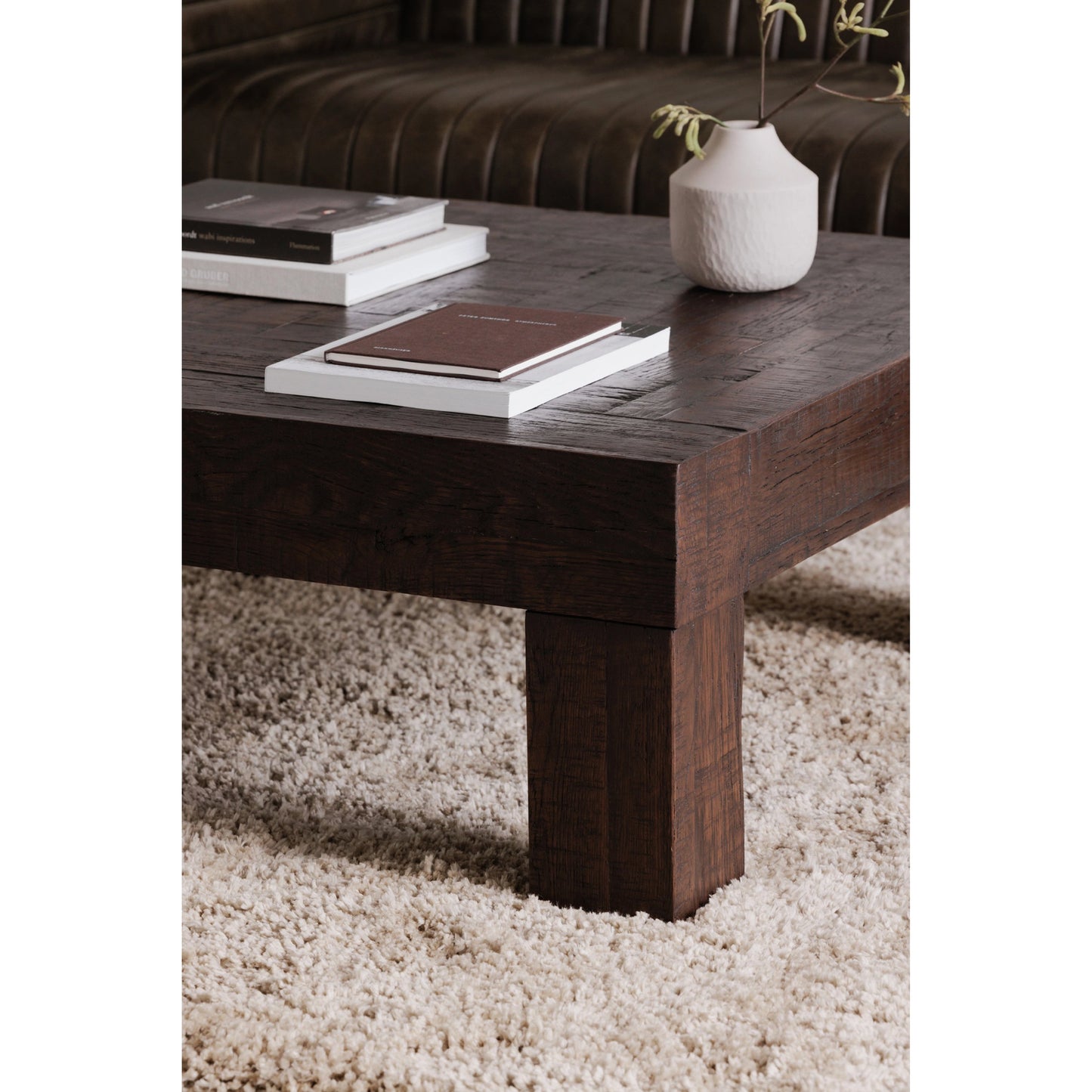 006 SI-1985217 | Lifestyle | Evander Square Coffee Table by Moe's Home Collection in rustic brown. Made from solid reclaimed oak, plywood support in a modern style.