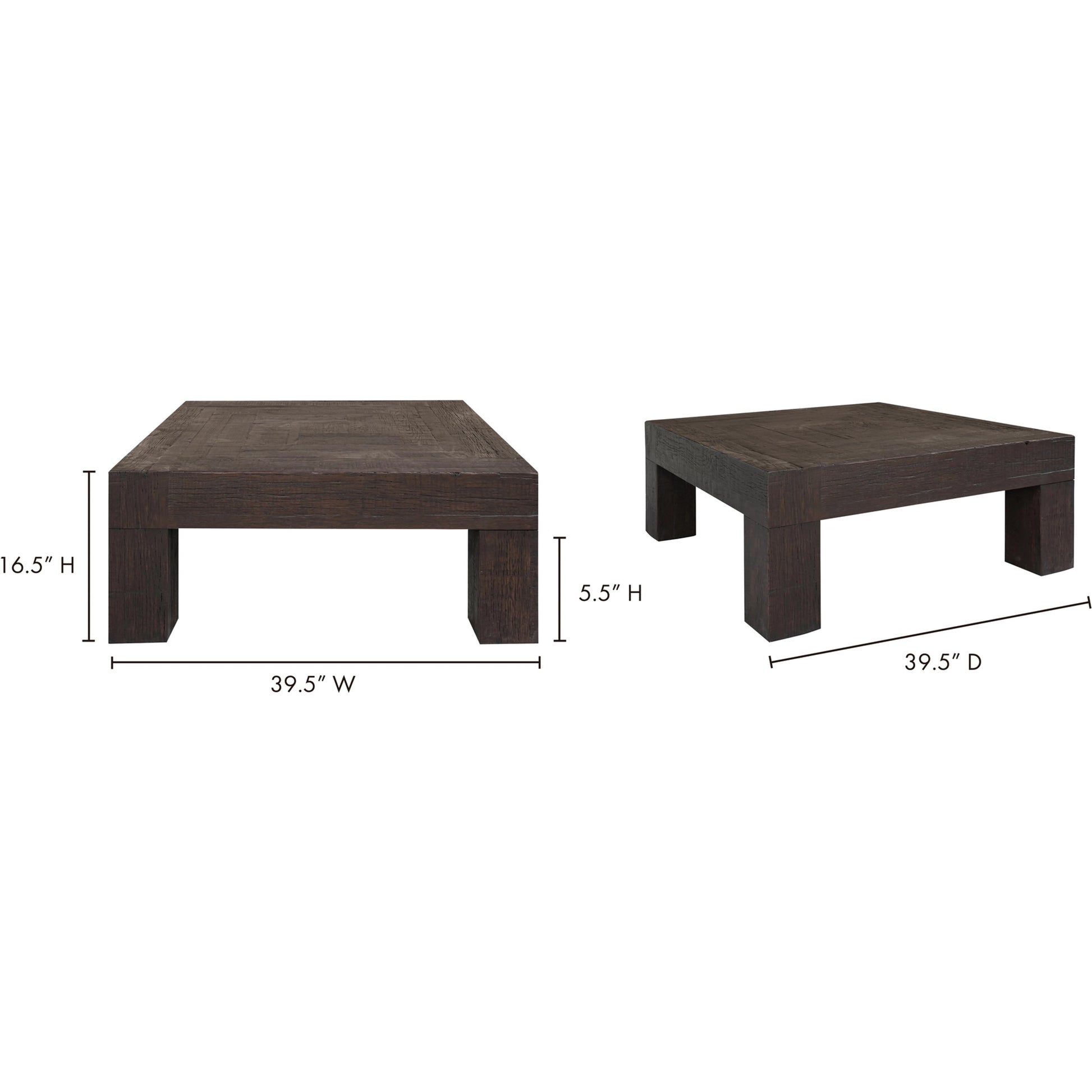 Evander Square Coffee Table by Moe's Home Collection in rustic brown. Made from solid reclaimed oak, plywood support in a modern style.