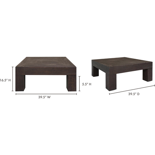 Evander Coffee Table by Moe's Home Collection in rustic brown. Made from solid reclaimed oak, plywood support in a modern style.