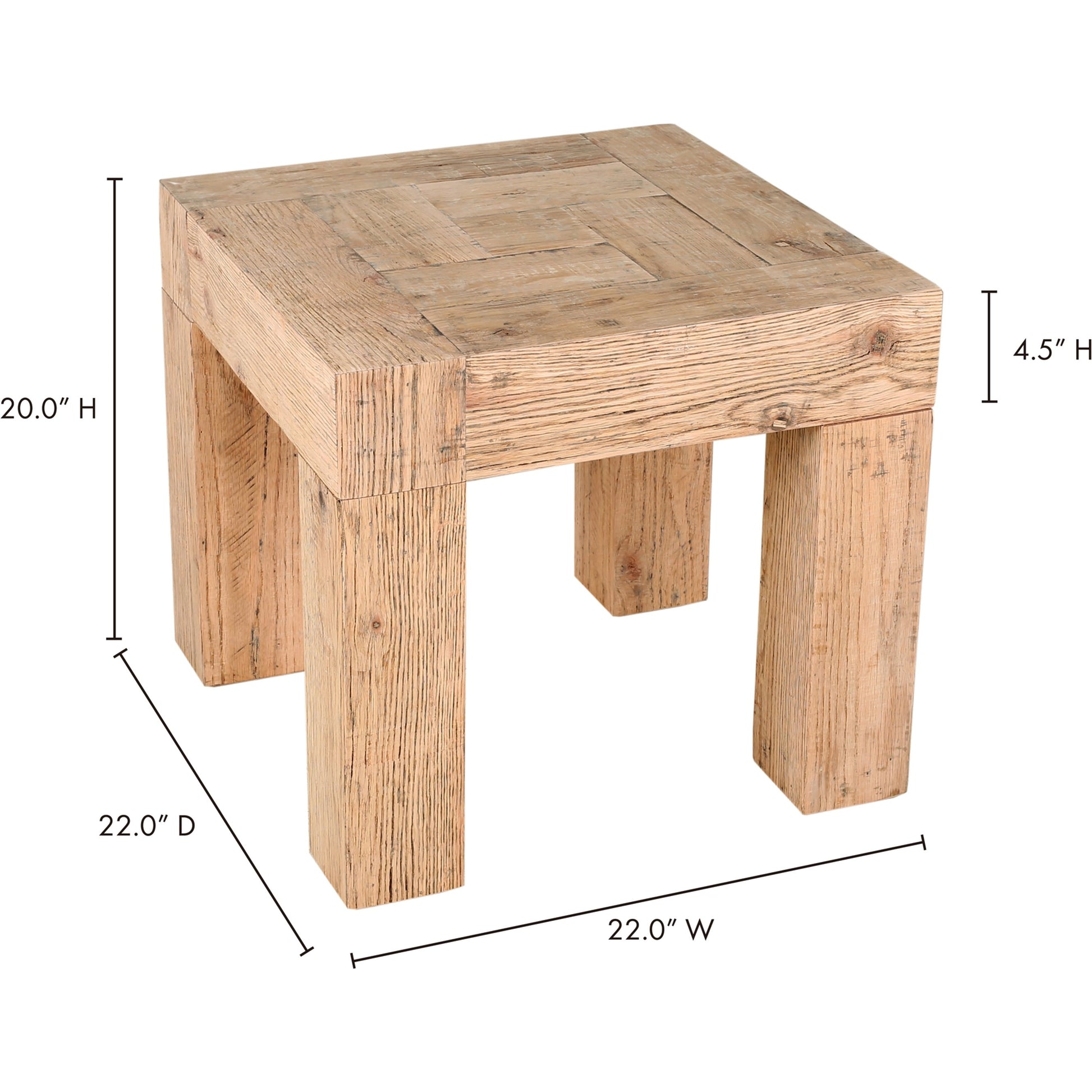 Evander Side Table by Moe's Home Collection in rustic brown. Made from solid reclaimed oak, plywood support in a rustic style.