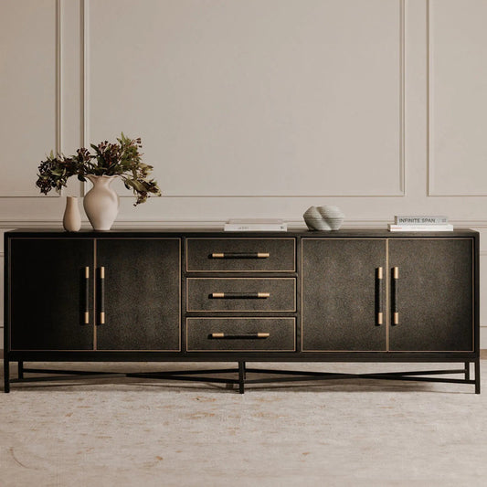 Mako Large Sideboard by Moe's Home Collection in black and black. Made from solid oak in frame, pu leather, metal leg in a modern style.