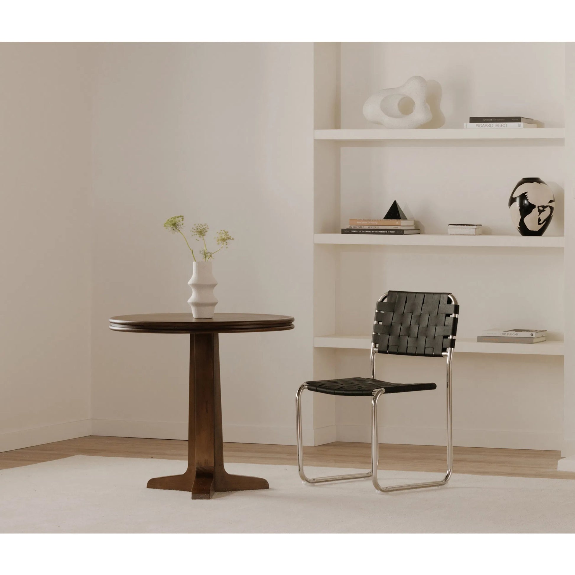 Charles Cafe Table by Moe's Home Collection in brown. Made from solid pine edge with pine veneer over plywood top, solid pine base in a traditional style.
