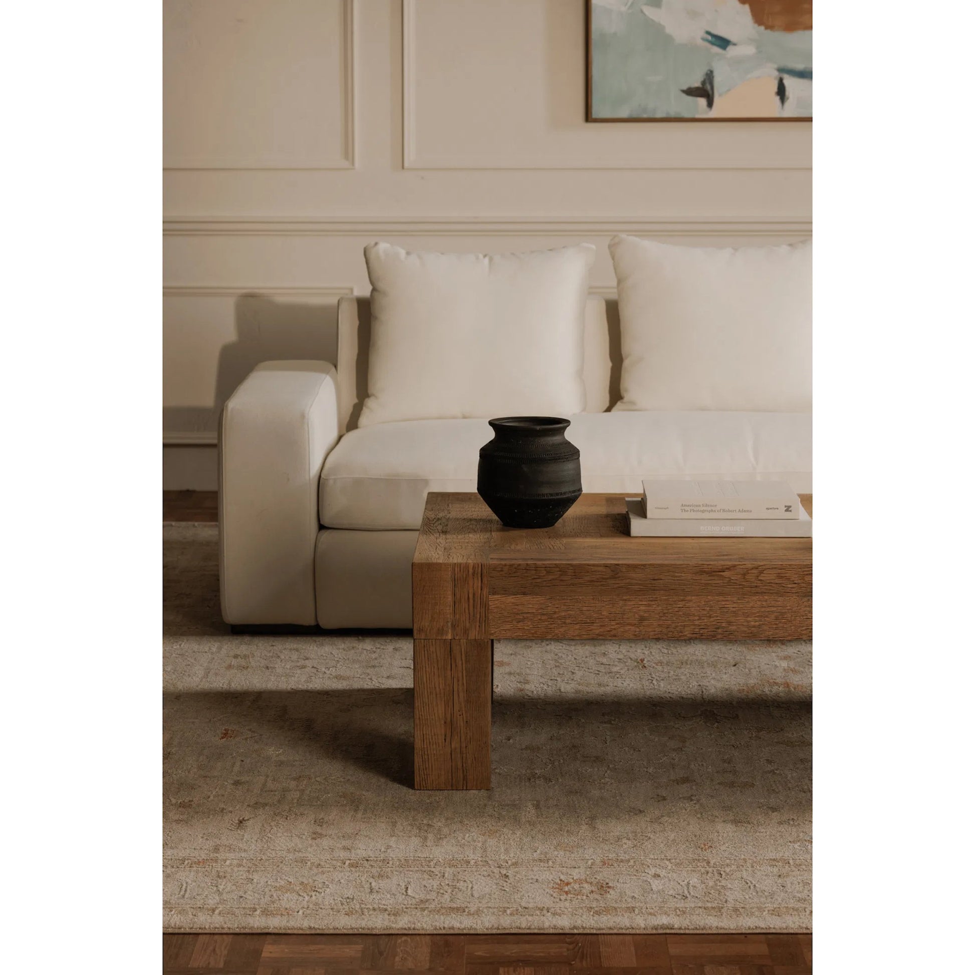 Evander Coffee Table by Moe's Home Collection in aged oak. Made from reclaimed oak, plywood in a transitional style.