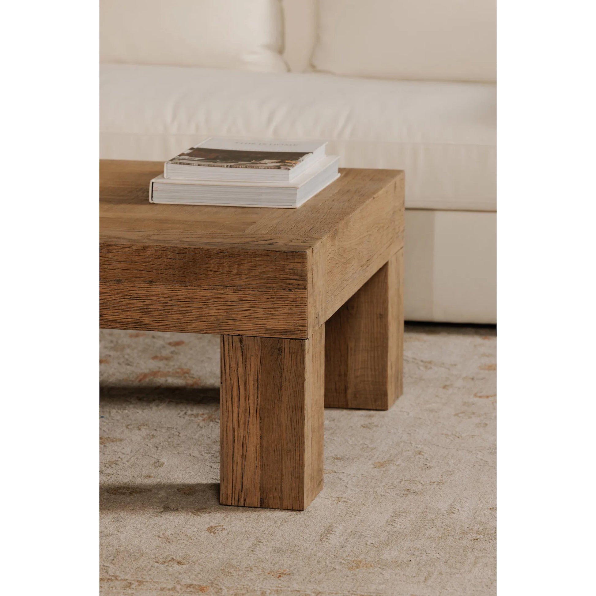 Evander Coffee Table by Moe's Home Collection in aged oak. Made from reclaimed oak, plywood in a transitional style.