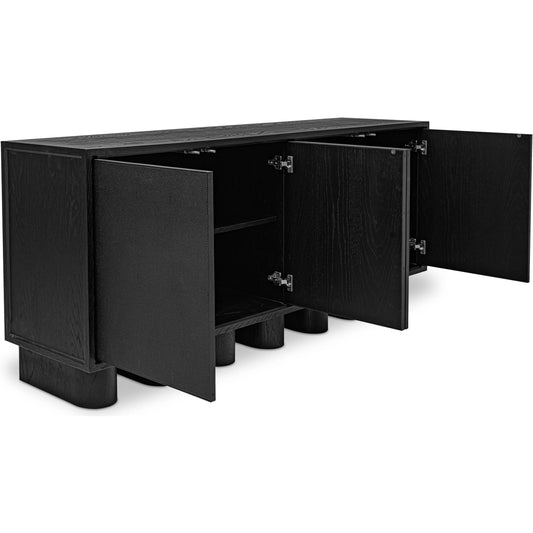 Marcelle Sideboard by Moe's Home Collection. Made from shagreen patterned polyurethane, solid oak frame, oak veneer over mdf top, side, metal in a unique style.